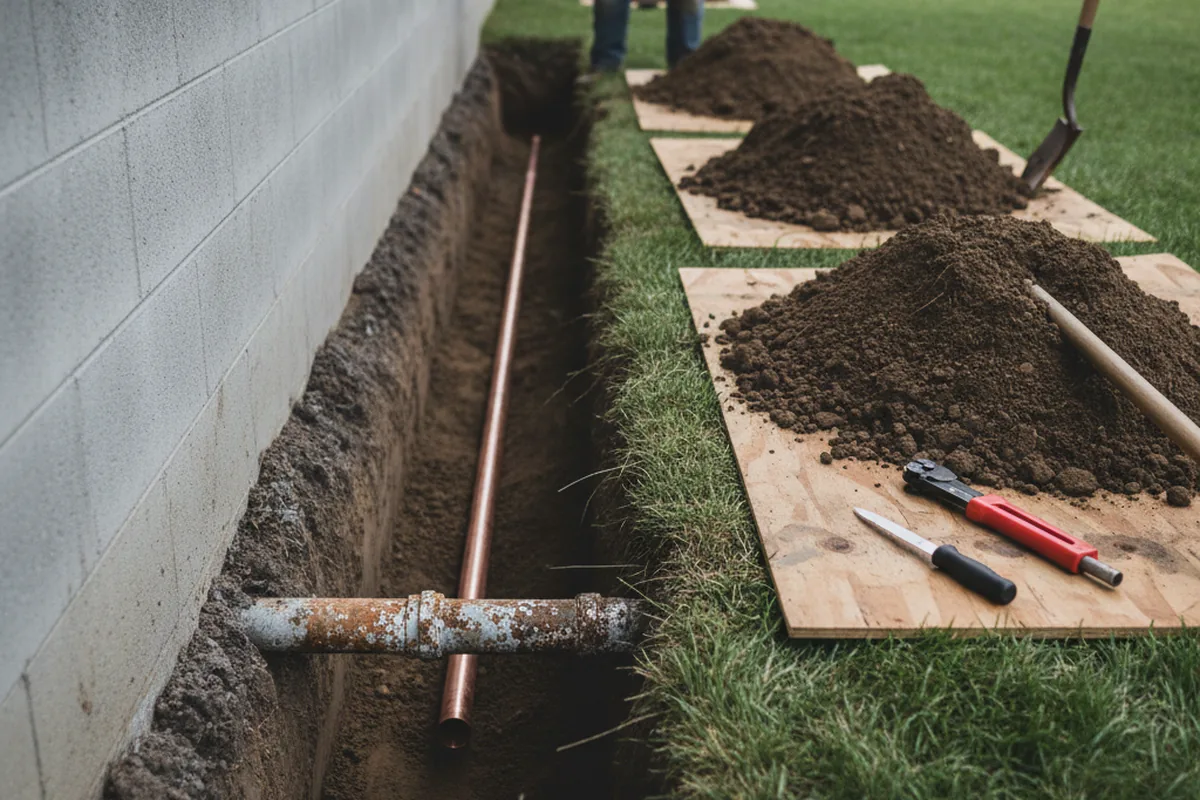 Excavated water line trench during Sewer Line Repair in Shell Knob